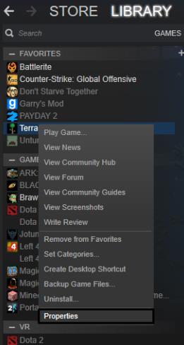 steam library select terraria