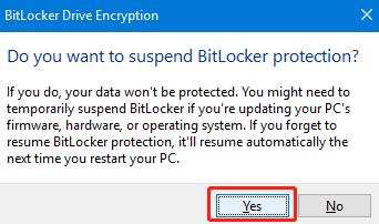 suspend bitlocker protection confirm