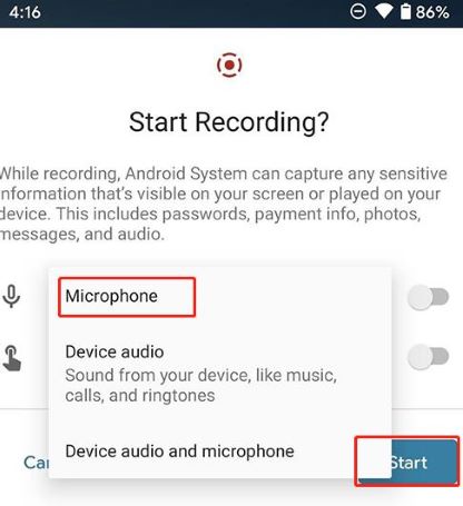 android screen record microphone and start