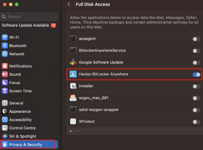 privacy and security anywhere bitlocker full disk access