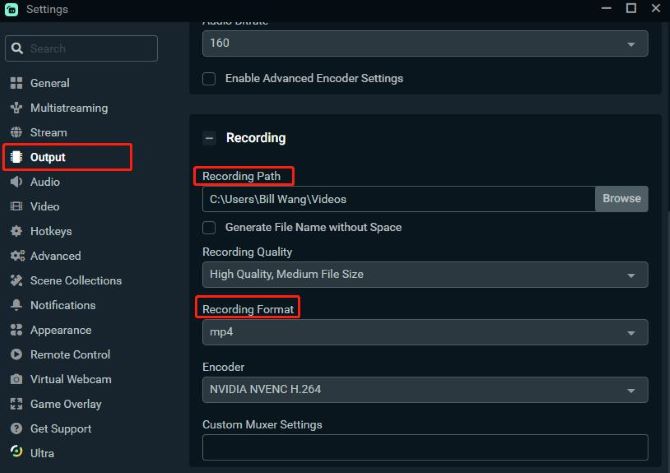 streamlabs settings recording path and format