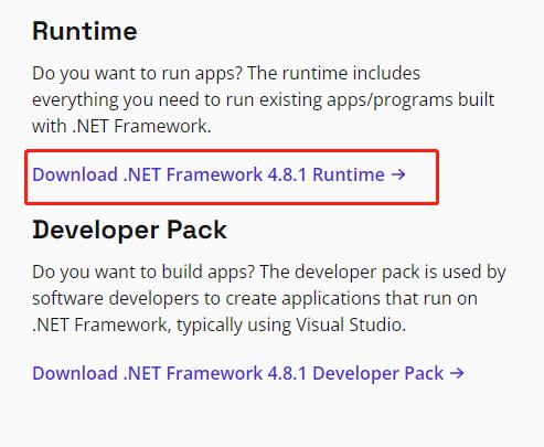 framework choose runtime download