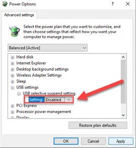 power settings disable usb selective suspend settings