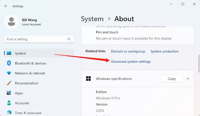 system advanced system settings