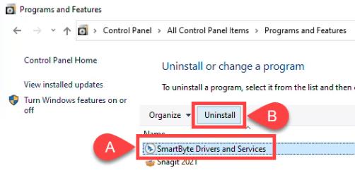 smartbyte drivers and services click uninstall