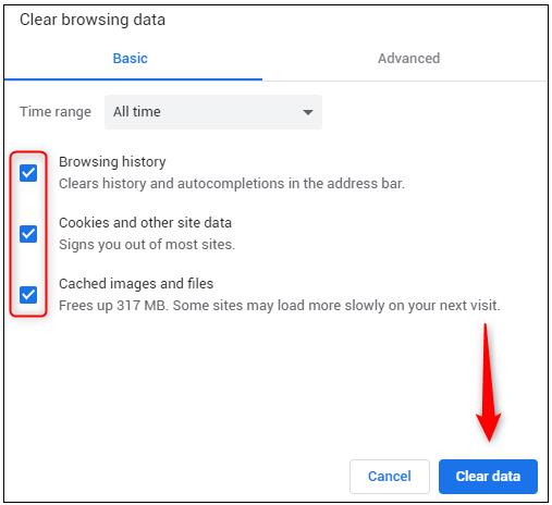 chrome click clear data