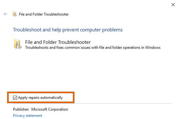 file and folder troubleshooter check apply repairs automatically