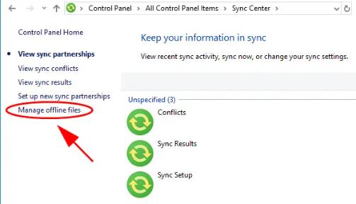 sync center manage offline files
