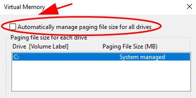 uncheck the box of automatically manage paging file sieze for all drives