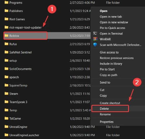 delete roblox folder